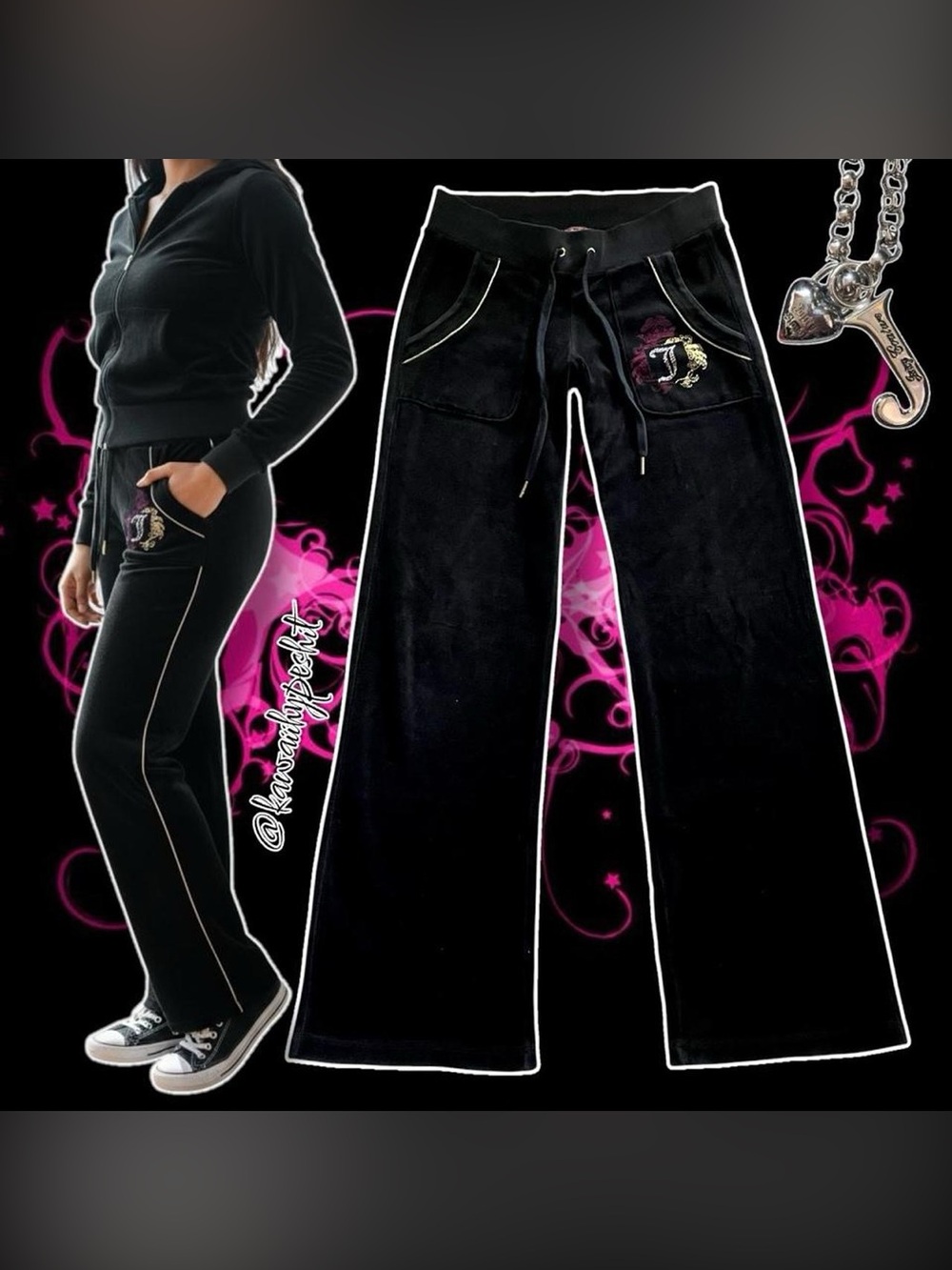 Juicy Couture Wide-Leg Black Velour Sweatpants with Graphic Details